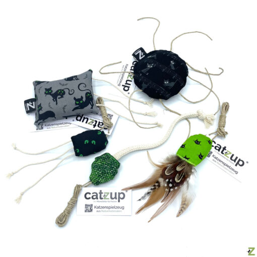 catzup Spielspaß „Black & Green“ - 5er-Set - Katzenspielzeug aus Naturmaterialien