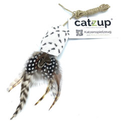 Katzenspielzeug Vogerl mit Federn und Stoffmuster in Ameisen Weiß, Schnur geknotet