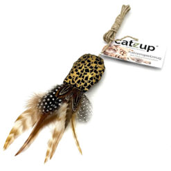 Katzenspielzeug Vogerl mit Federn und Stoffmuster in Leo mit Gold und Schwarz, Schnur geknotet