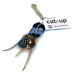 Katzenspielzeug Vogerl mit Federn und Stoffmuster in Libellen Metallic, Schnur geknotet